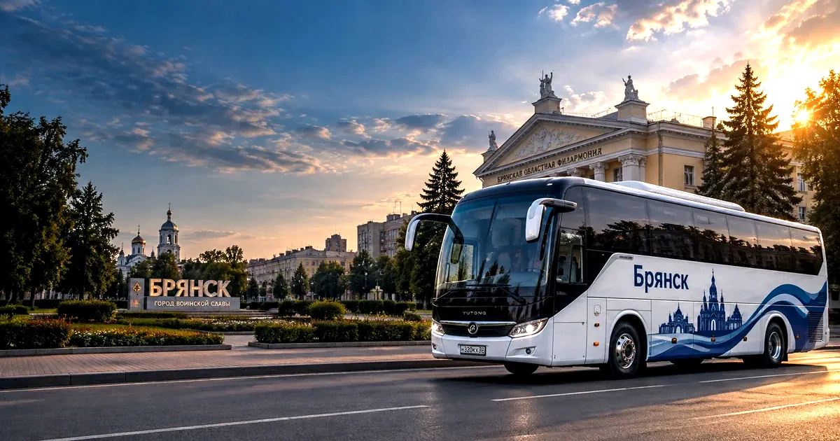 Пассажирский автобус Брянск на фоне города Брянска